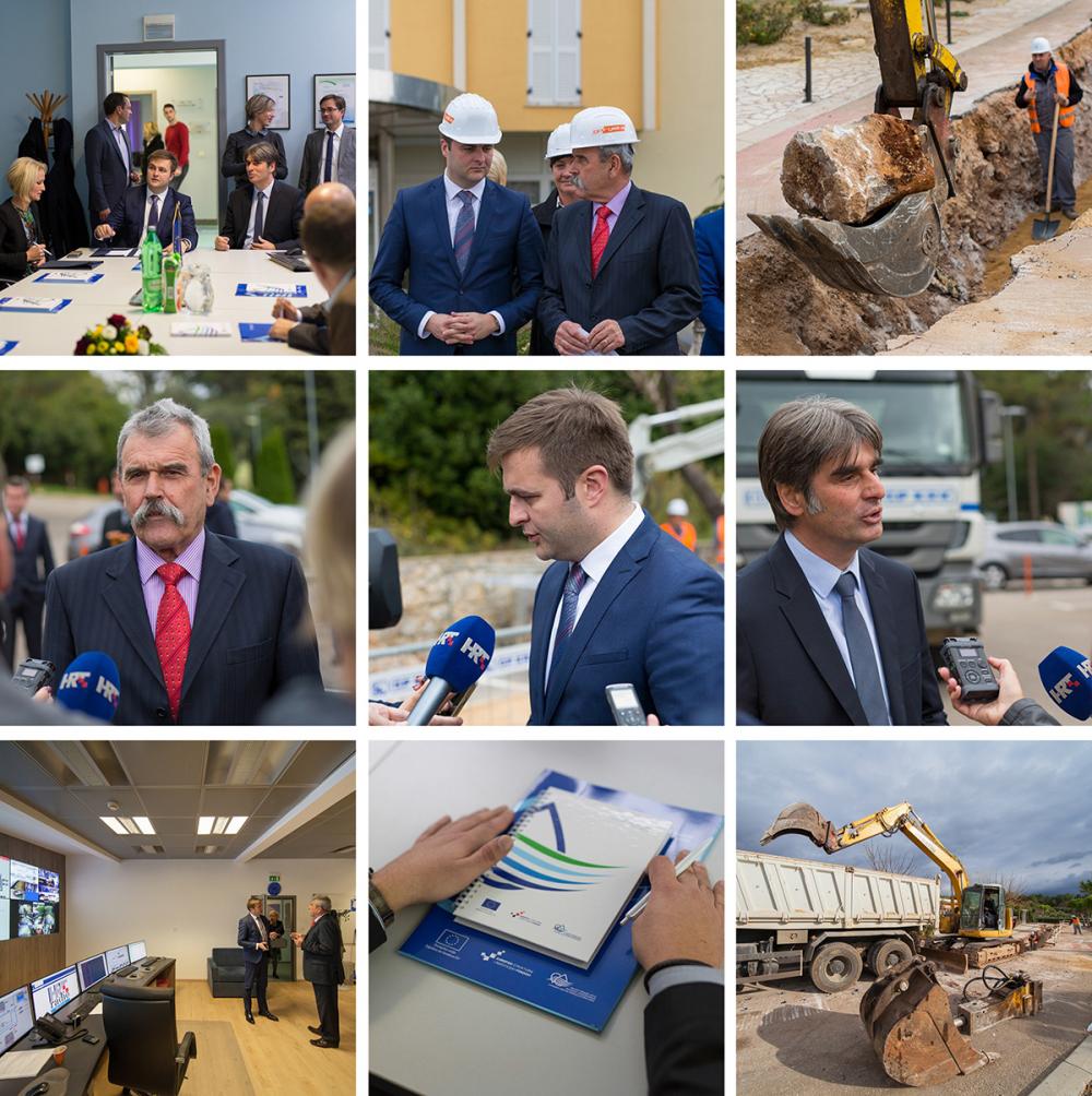 Kolaž fotografija s otvaranja radova iz EU projekta. Ministar Ćorić, direktor Mrakovčić, gradonačelnik Vasilić, načelnici i drugi uzvanici